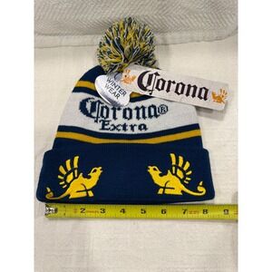Corona Extra Beer Beanie Hat Navy Blue Yellow White Striped Pom Pom Knit Cap NEW